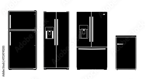 Collection of modern black kitchen appliances including refrigerators and dishwasher silhouette vector