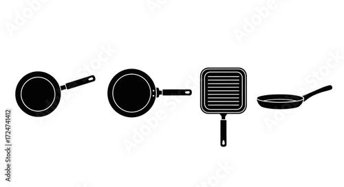 Collection of assorted frying pans and grill pan silhouette isolated on vector