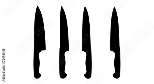 Four black chef knives lined up ready for food preparation and cooking tasks vector