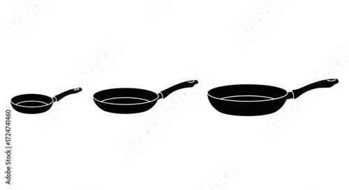 Set of three black non-stick frying pans with handles isolated kitchen cookware collection vector
