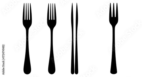 Four black forks and chopsticks arranged creatively on a representing dining and cuisine vector