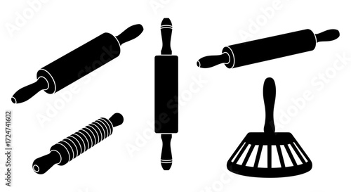 Collection of baking utensils including rolling pins and pastry brush isolated vector