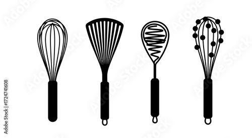 Four hand drawn kitchen whisks and utensils collection isolated line art baking tools vector