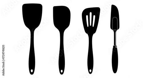 Set of four black silhouettes of kitchen spatulas and turners isolated on vector