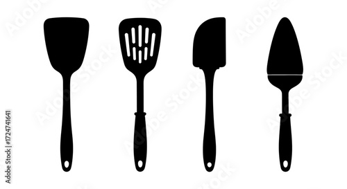 Set of four black kitchen utensils including spatulas and cake server silhouettes vector