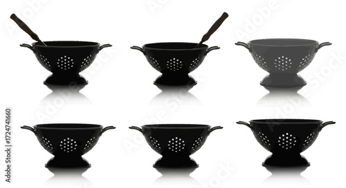 Set of six black and gray kitchen strainers and colanders isolated for food preparation vector