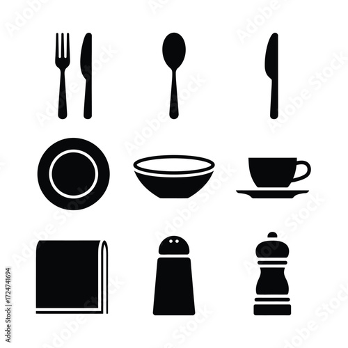 Set of black and white minimalist restaurant utensils and tableware vector graphics vector