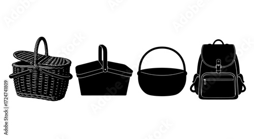 Collection of four diverse woven baskets and backpack silhouettes simple line art vector