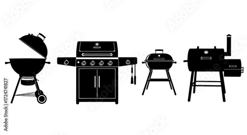 Collection of barbecue grills and smokers silhouettes for outdoor cooking and grilling events vector