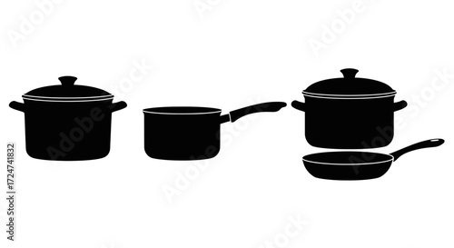 Collection of assorted black cooking pots and pans with lids on vector