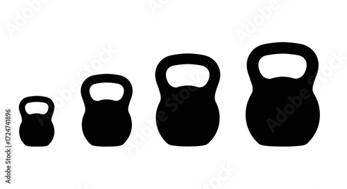Set of four black kettlebells in increasing size for fitness and strength training vector