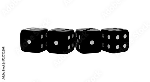 Four black dice lined up displaying random numbers for games luck and chance vector