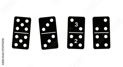 Four black dominoes displaying white dots and numbers for gaming and strategy concepts vector