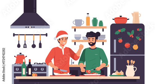 Festive Kitchen A Joyful Couple Preparing Christmas Dinner Together in a Cozy and Brightly Lit Kitchen, Embracing the Holiday Spirit