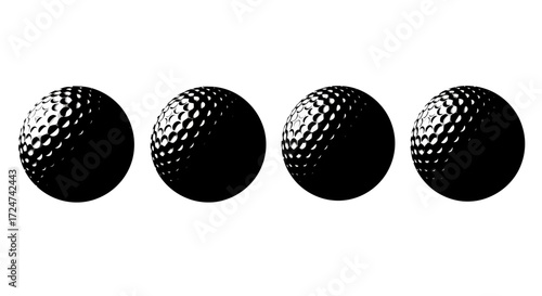 Four textured black golf balls arranged in a row displaying dimpled surface detail vector