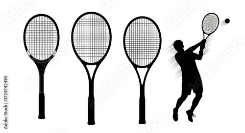 Dynamic tennis player silhouette serving alongside tennis racquets graphic elements vector