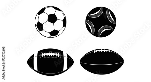 Collection of four sports balls including soccer football basketball and american football designs vector