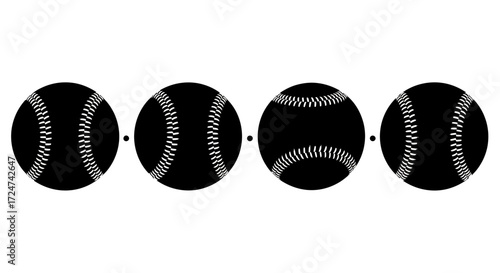 Four black baseball icons representing different angles of the ball vector