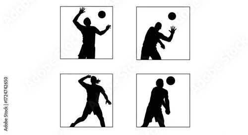 Silhouettes of athletes playing volleyball in dynamic poses and actions captured in four panels vector