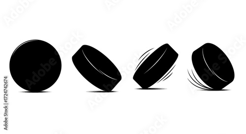 Four black hockey pucks in different angles showing motion and spin against vector