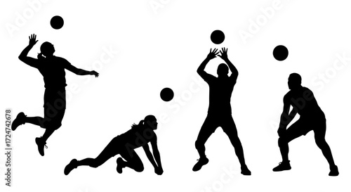 Silhouettes of volleyball players in action serving spiking and digging with ball vector