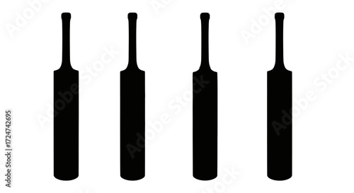 Four black cricket bats lined up side by side showing their silhouette form vector