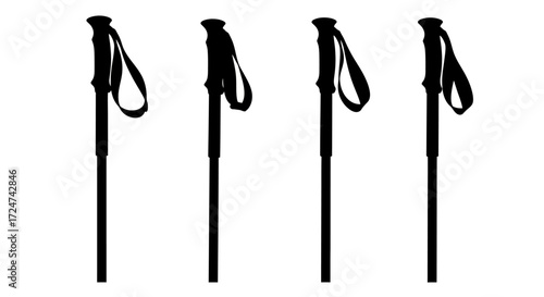 Four collapsible hiking trekking poles arranged in a row for outdoor adventures vector