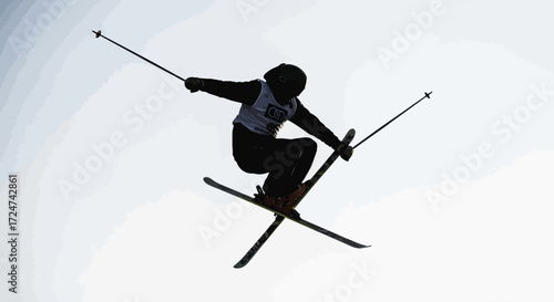 Silhouette of a freestyle skier performing an aerial jump against a bright sky vector