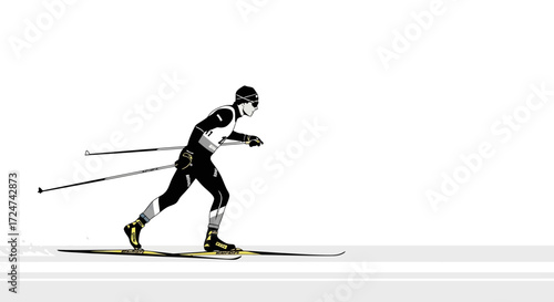 Dynamic nordic ski racer in action propelling forward with poles and skis vector