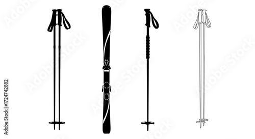 Collection of ski poles and skis for winter sports and outdoor recreation adventures vector