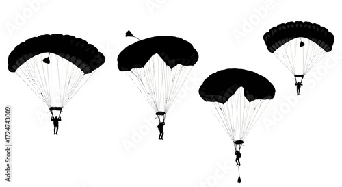 Four skydivers descending with parachutes in mid-air adventure sport activity vector