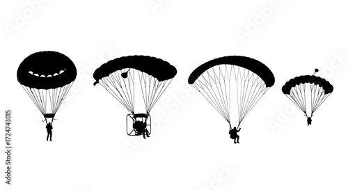 Four parachutes descending with skydivers during extreme sports and adventure activities vector