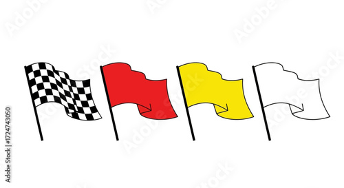 Set of four racing flags including chequered red yellow and white banners fluttering vector