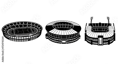 Three distinct stadium designs seen from above showcasing architectural variety and grandeur vector