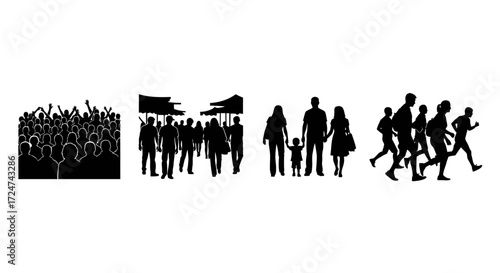Silhouettes of diverse groups of people walking and demonstrating in dynamic motion vector