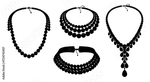 Collection of elegant black beaded necklaces and choker set vector