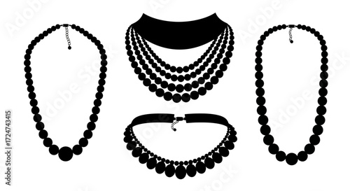 Collection of elegant black beaded necklaces and chokers isolated on vector