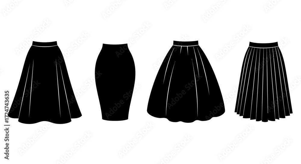 Four black skirt styles diverse fashion clothing options for women wardrobe ensemble vector