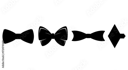 Collection of four black bow ties in different styles and sizes presented horizontally vector