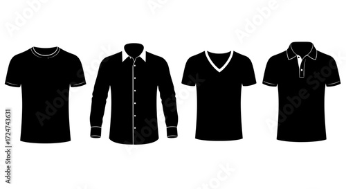 Set of four black men's t-shirts and collared shirts apparel icons and graphics vector