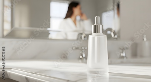 Frosted white skincare serum bottle on a luxurious marble bathroom counter, with a woman's blurred reflection in the mirror, highlighting a serene morning beauty ritual and self-care routine