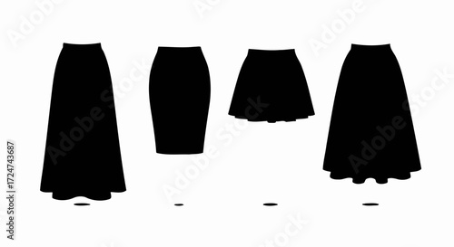 Collection of black skirt silhouettes showcasing diverse styles and lengths of women's fashion vector
