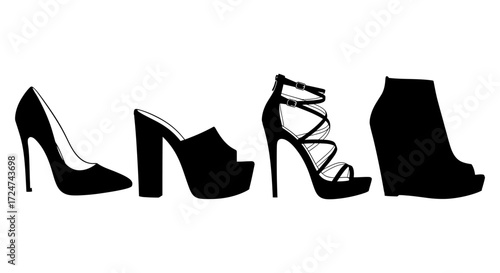 Collection of four distinct black high heel shoe silhouettes for fashion and style concepts vector