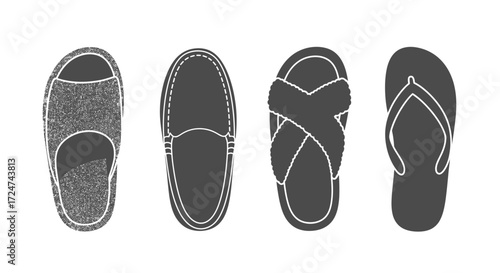 Four pairs of summer footwear styles including sandals flip-flops and loafers for outdoor casual wear vector