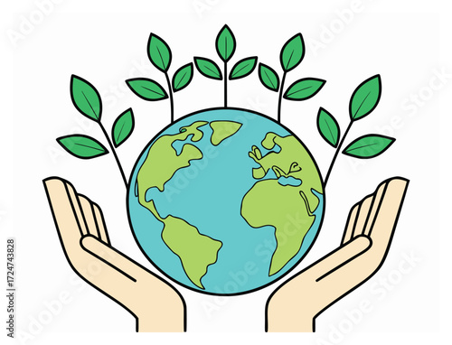 Hands holding the planet Earth with plants growing from it concept