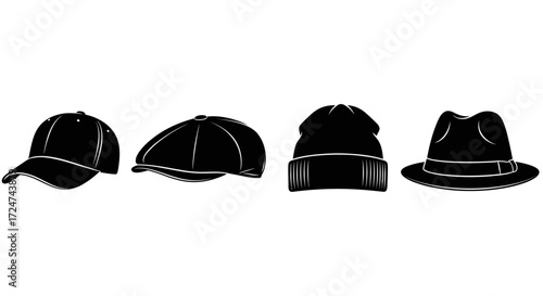 Four black hats collection including baseball cap flat cap beanie fedora style vector
