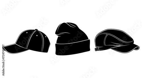 Set of three black headwear accessories baseball cap beanie flat cap silhouettes vector