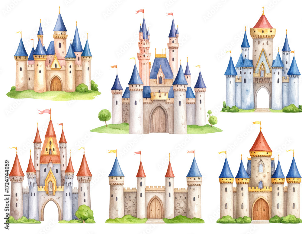 Fototapeta premium Watercolor Renderings of Diverse Castles with Colorful Turrets and Flags Set Against a Transparent Background Showcasing Architectural Detail in a Fairytale Kingdom