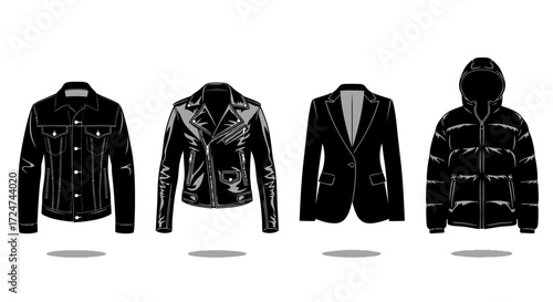 Collection of four stylish black jackets arranged together showing different fashion styles vector