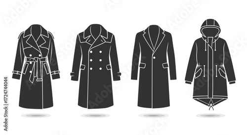 Diverse collection of elegant trench coats and hooded jackets for fashion forward style vector